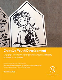 Cover of the report shows a zine in the shape of a house. A Black woman holding a cat is drawn.